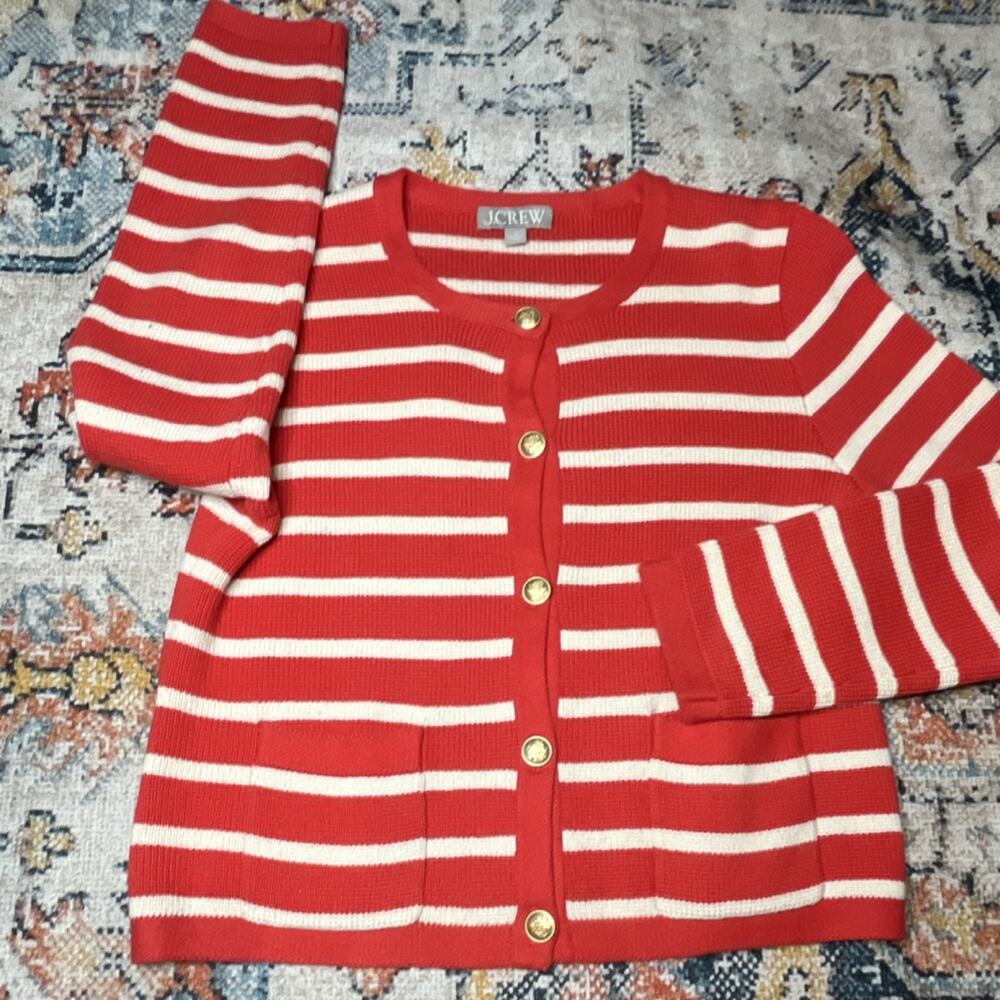 J.Crew Emilie Sweater Lady Jacket Red Ivory Striped Cardigan Gold Button Small